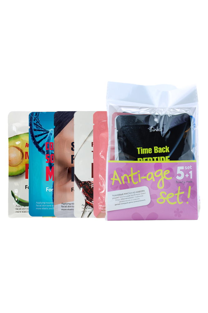 [THINKCO] НАБОР Масок для лица тканевых ПРОТИВ ВОЗРАСТНЫХ ИЗМЕНЕНИЙ Anti-age Set 5+1, 6 шт*23 мл