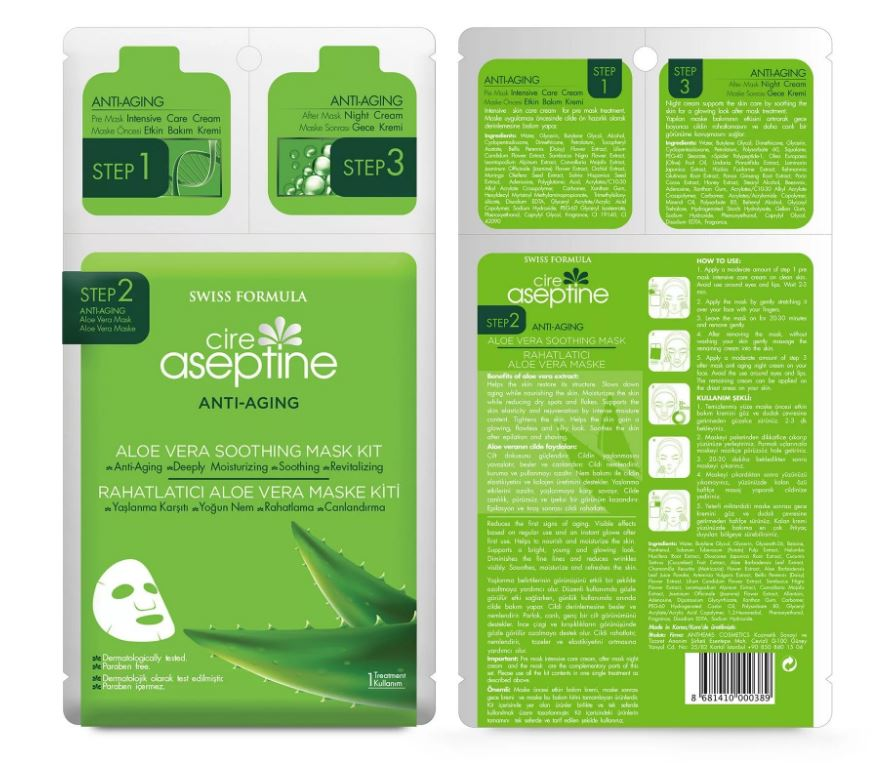 [CIRE ASEPTIN] Маска для лица трехэтапная антивозрастная АЛОЭ ВЕРА 3 Step Aloe Vera Soothing Mask Kit, 25,5 мл