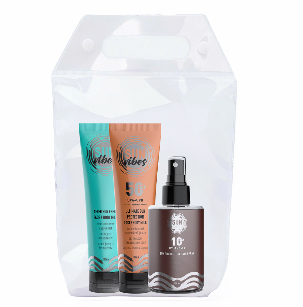 [SUN VIBES] НАБОР Средств для лица и тела в прозрачной косметичке SUMMER TIME (молочко для лица и тела 50 SPF +